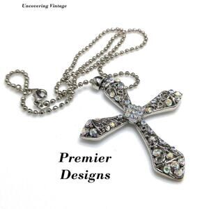 Premier Designs Silver Cross Necklace Aurora Borealis Rhinestones PD Signed